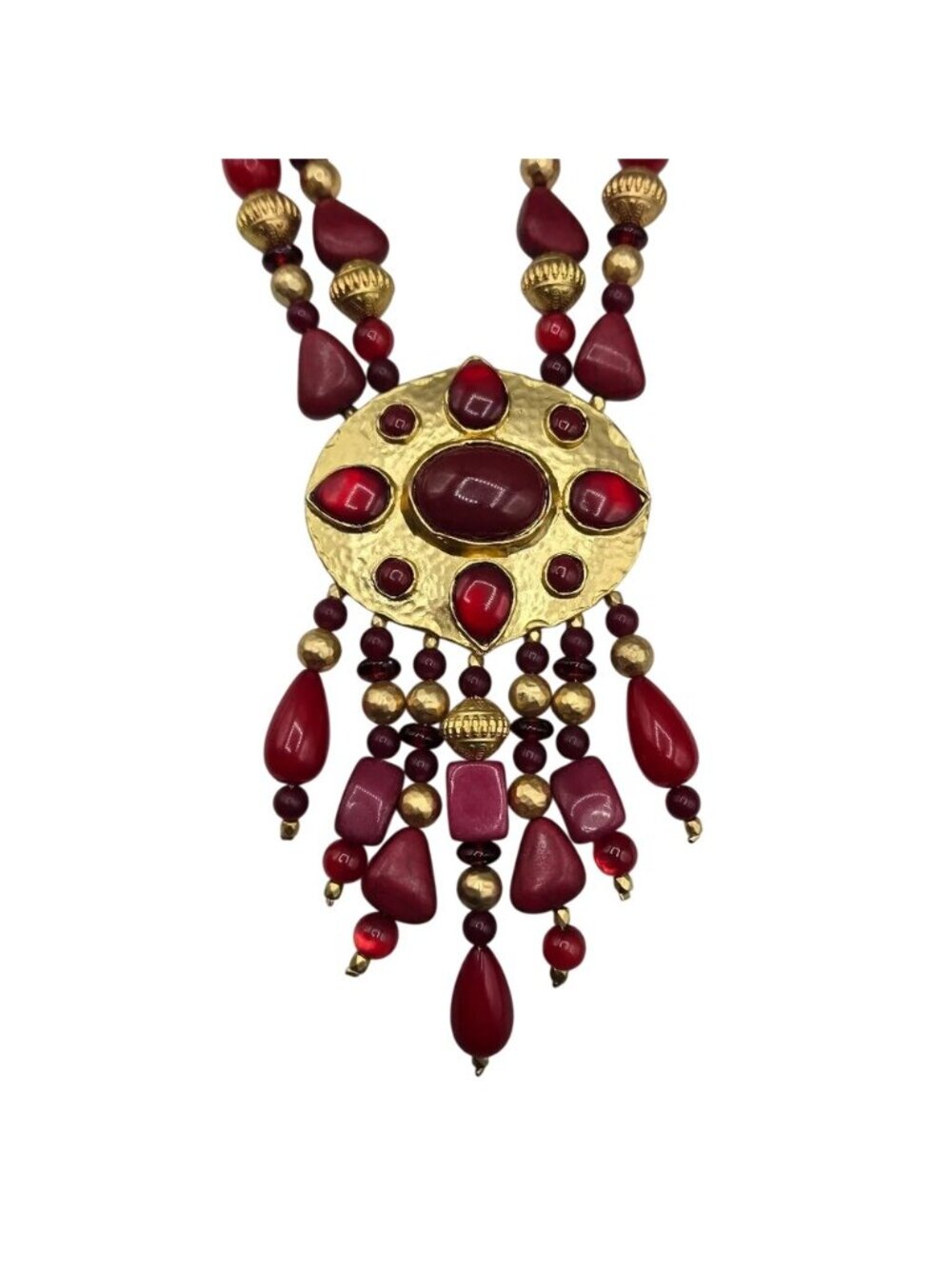 Vintage Chicos Red Statement Necklace Gold Beaded Fringe Bold 35th Anniversary - Picture 11 of 12